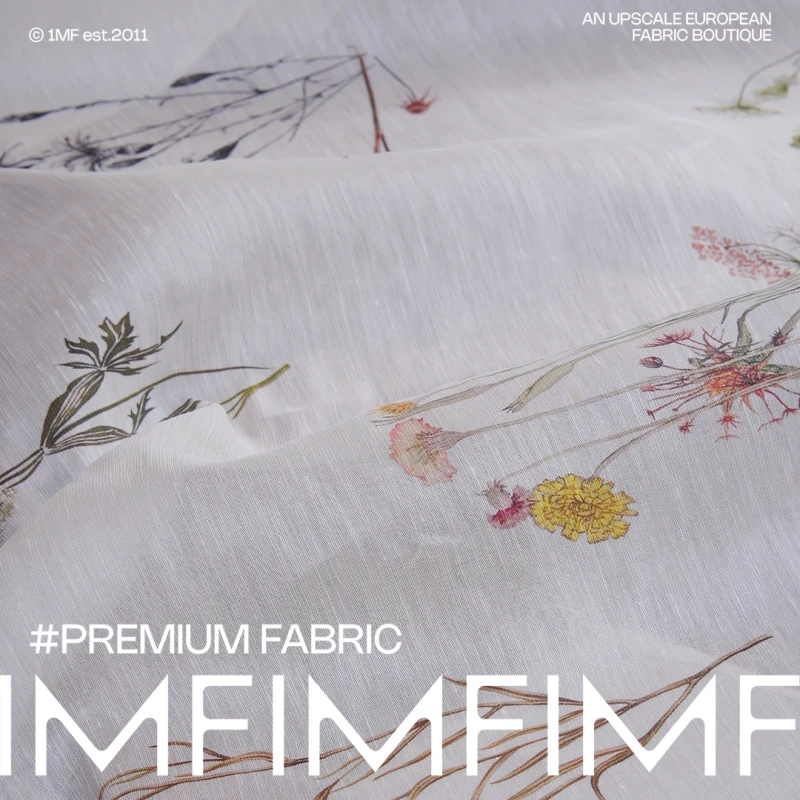 1MF秒杀 真丝亚麻混纺面料白色底印花服装布料 幅宽135CM