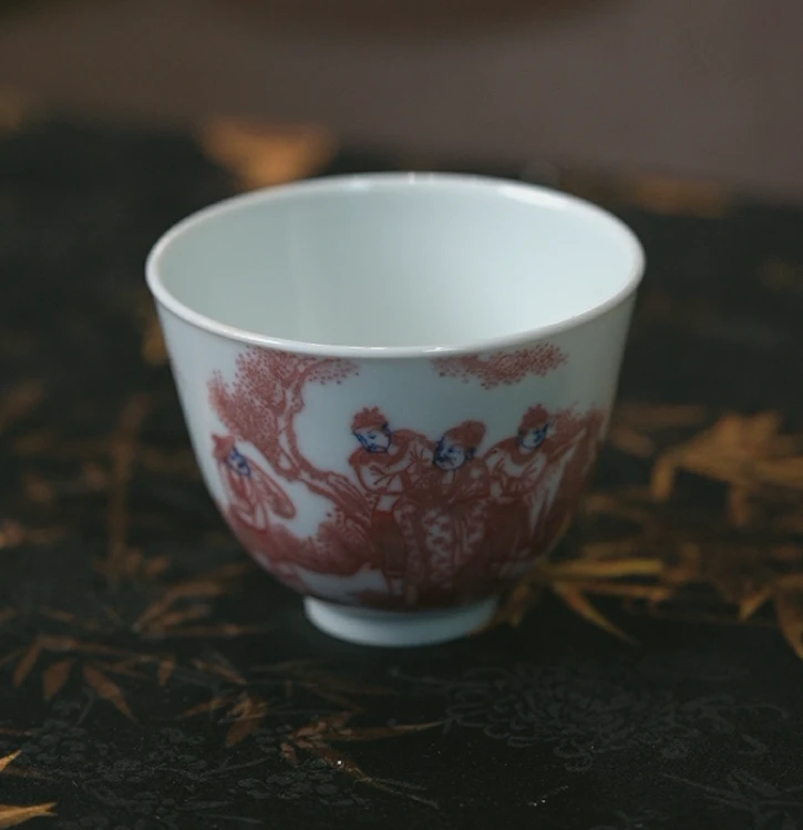 半山主人釉里红人物杯景德镇茶具家用饮茶主人杯中式