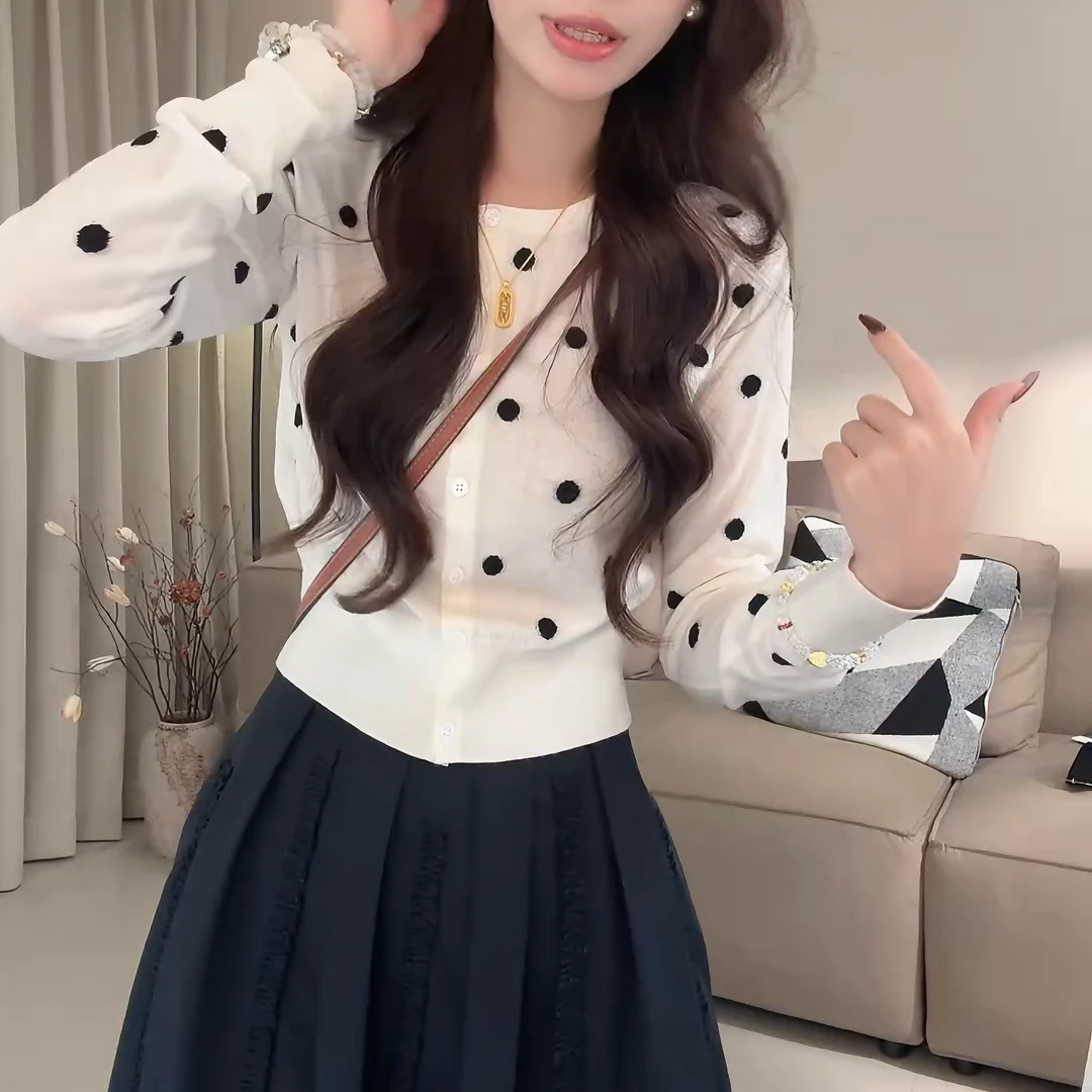 2025早秋新款小香风气质轻奢波点提花长袖针织开衫上衣LK2505885