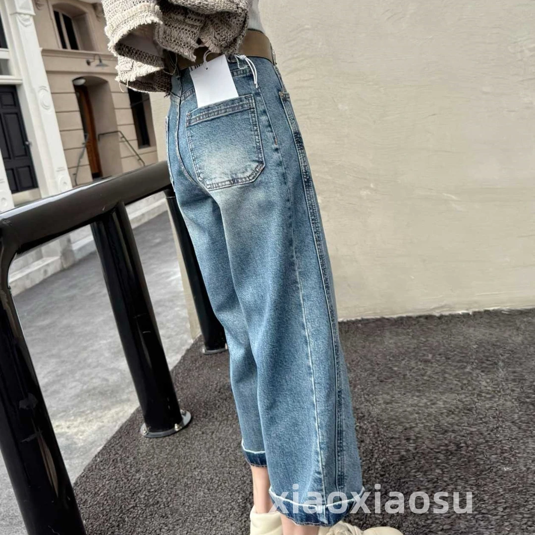 无品牌蓝色直筒牛仔裤女九分小个子修身显瘦高腰窄版法棍裤烟管裤