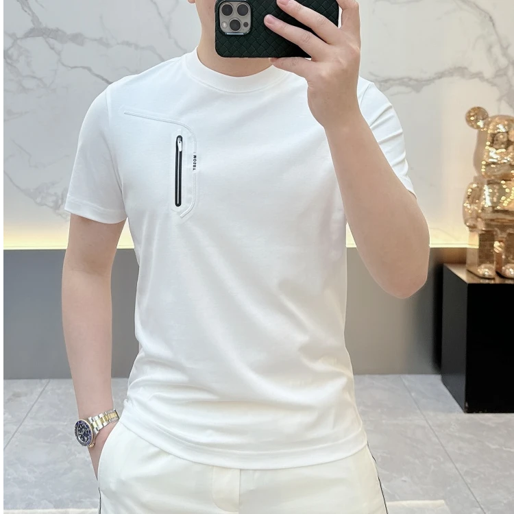 泰维肯戈新款时尚个性潮流拉链徽章圆领短袖T恤男士修身休闲半袖