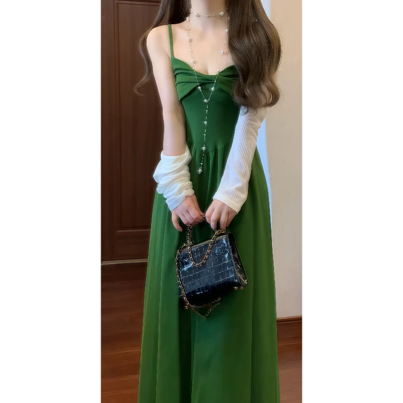法式复古设计感绿色吊带连衣裙收腰显瘦气质长裙&防晒空调衫9345