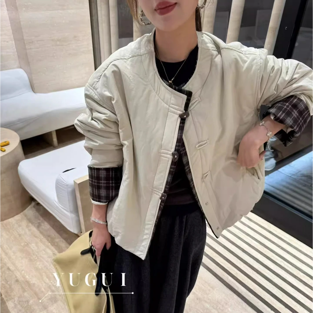 欧洲站设计感格子拼接假两件轻薄棉服外套女2025秋季新款显瘦棉衣