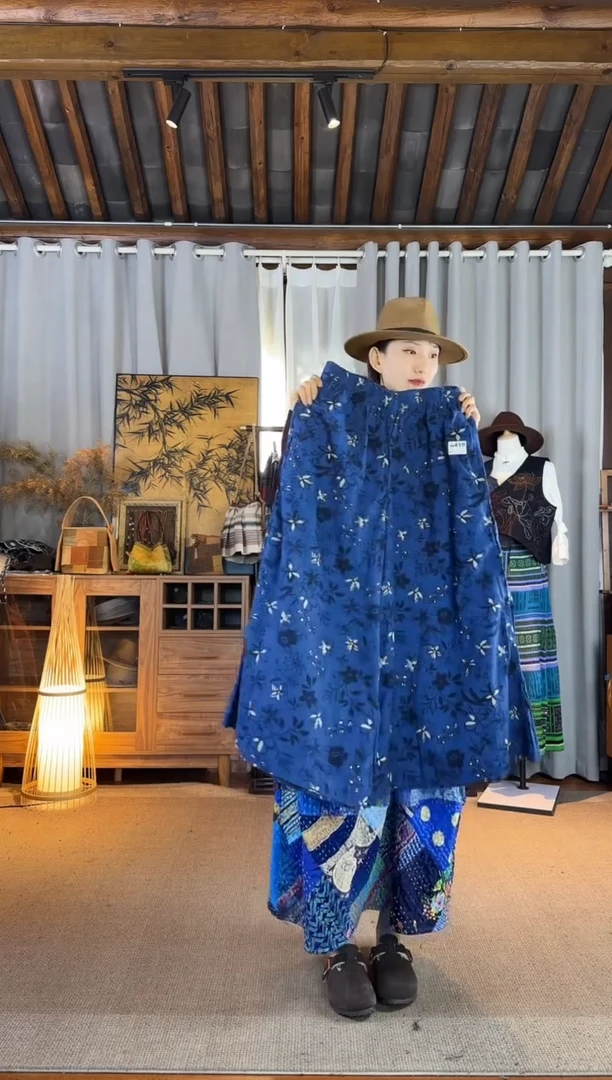 设计师款蓝花拓印阔腿裤