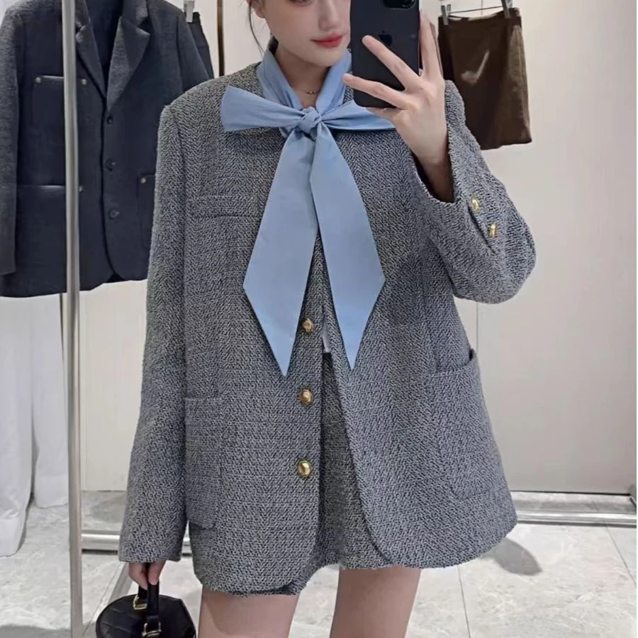 5204韩版拼色蝴蝶结小香风套装裙女2024年冬季外套高腰短裙两件套