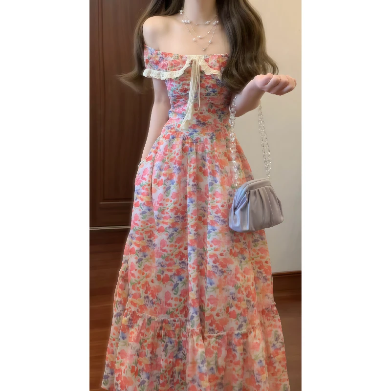 夏季法式浪漫蕾丝拼接一字肩方领两穿碎花连衣裙收腰气质长裙9397