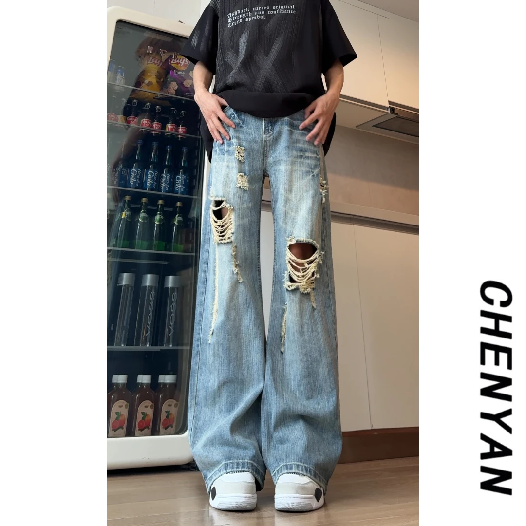 美式牛仔裤男夏季薄款设计感破洞乞丐极简穿搭vibe微喇牛仔裤男