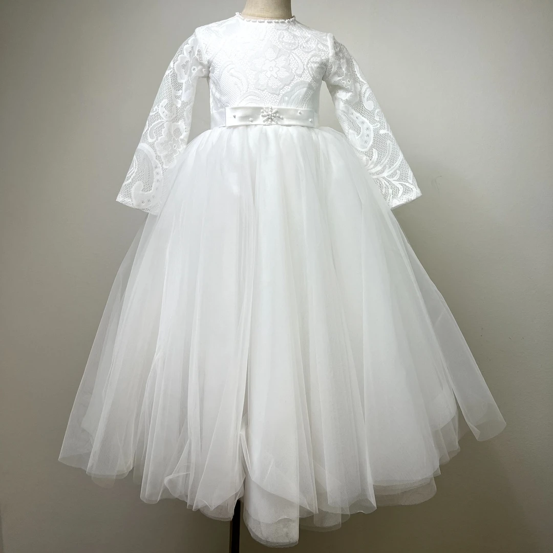 白色花朵长袖生日女童公主裙婚礼花童钢琴演奏主持人小提琴演出服