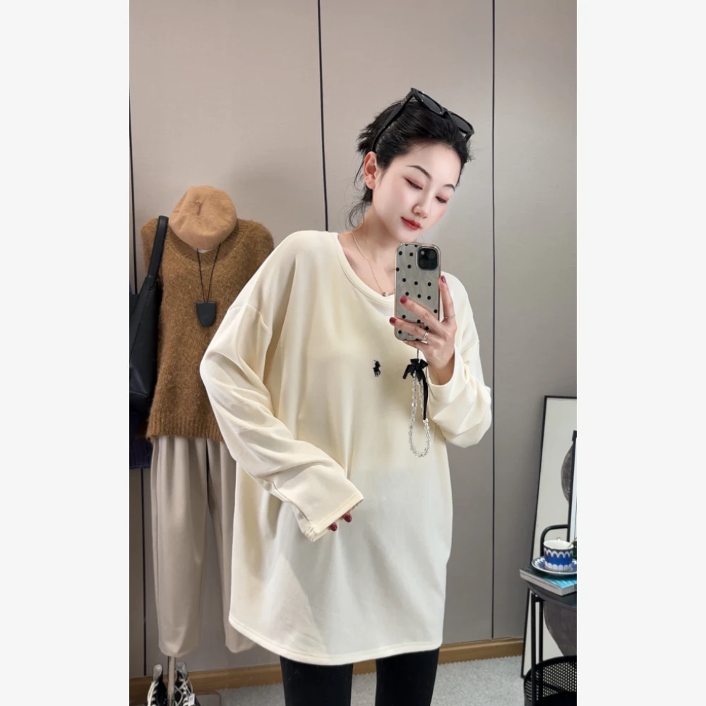 长袖磨毛加绒T恤女秋冬韩系宽松慵懒大版显瘦百搭打底衫内搭上衣