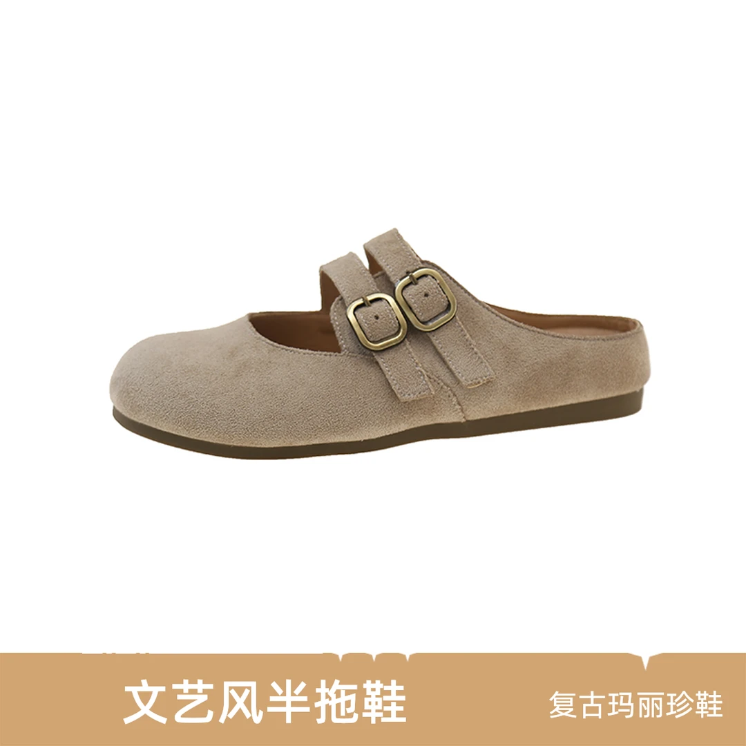 复古森系文艺风玛丽珍鞋2025春包头半拖鞋女外穿一脚蹬后空勃肯鞋