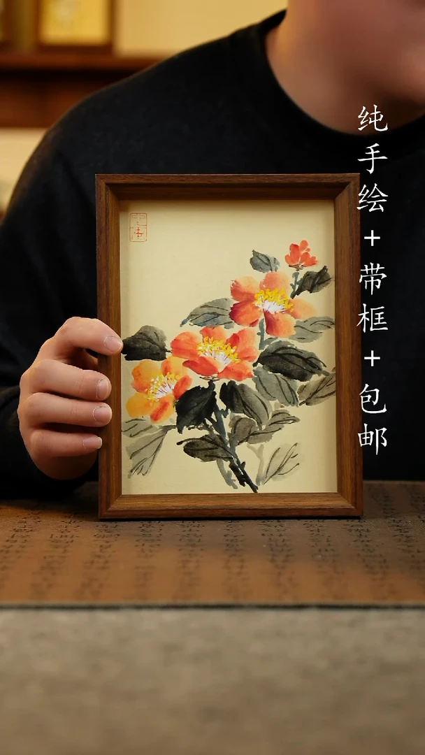 国画纯手绘原创国风国画：画芯+画框17*23