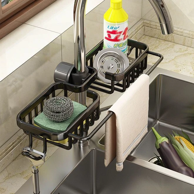 厨房水龙头置物架家用太空铝免打孔抹布海绵刷沥水架水槽收纳架MH