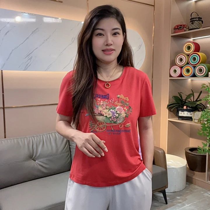 怡特美【花开富贵】夏季百搭兰精莫代尔棉自然卷圆领短袖t恤259837