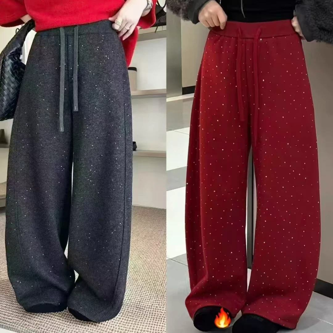 美美➕16076新款高端细闪烫钻红色加绒弯刀阔腿裤