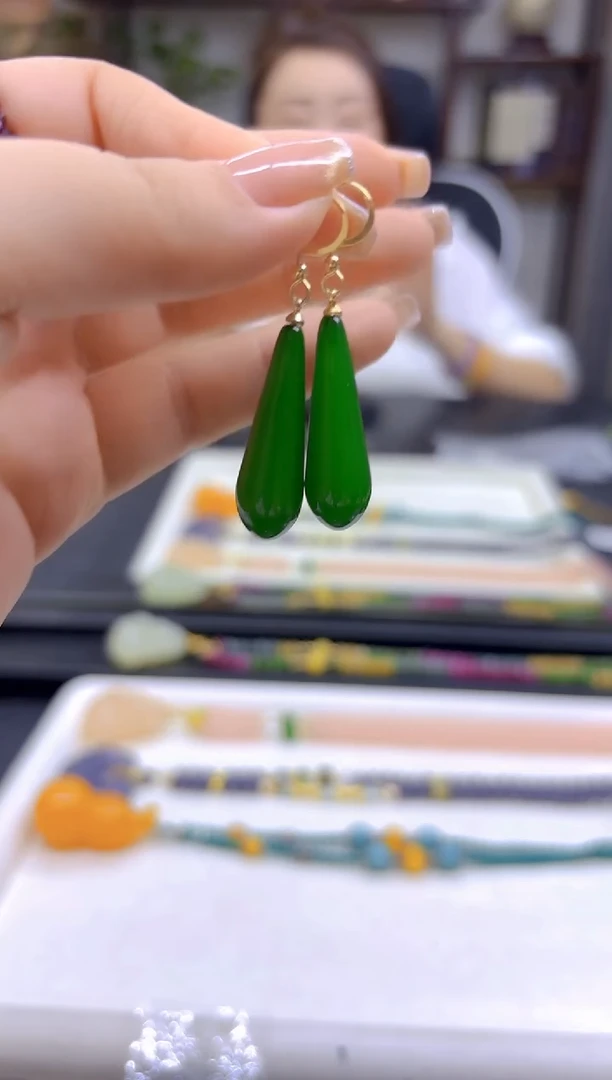 和田玉（碧玉）14K金镶嵌耳饰DIY款E74
