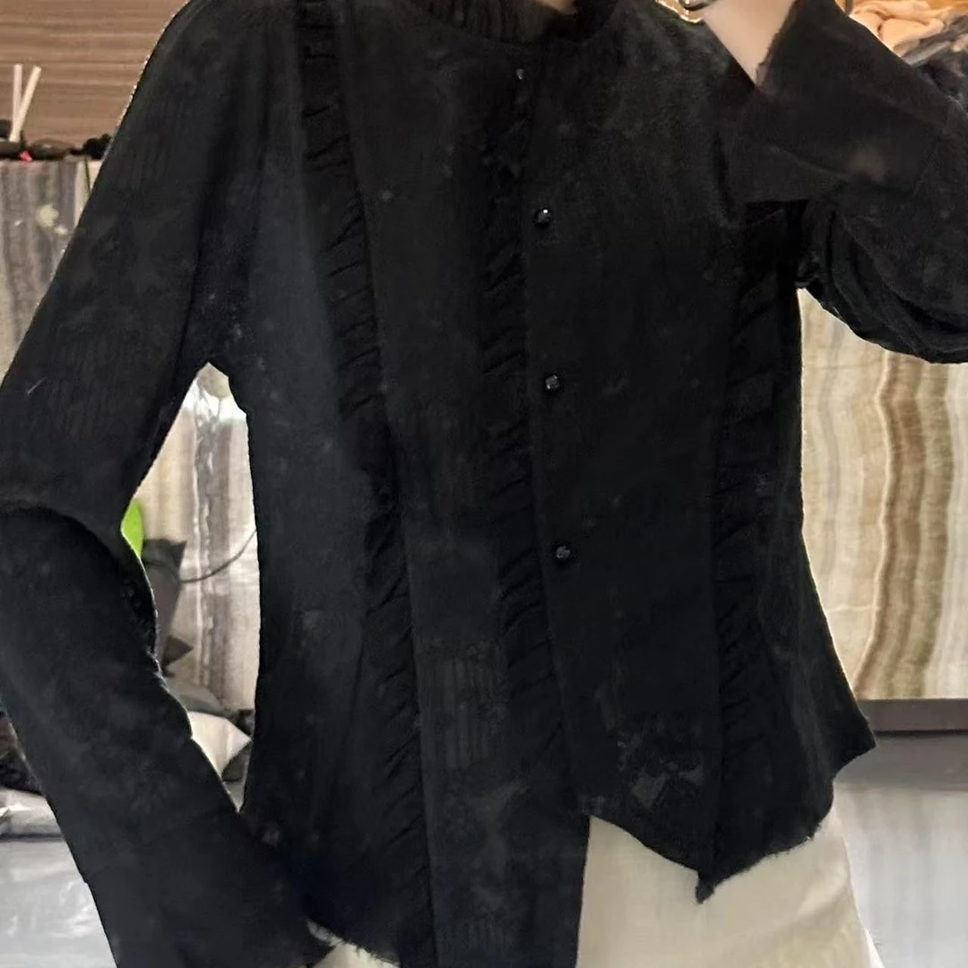 D50386秋季木耳修身长袖轻职风成人衬衫上衣拼接女装