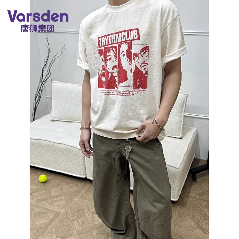 唐狮集团Varsden美式复古高街人像印花短袖T恤男夏季宽松圆领上衣