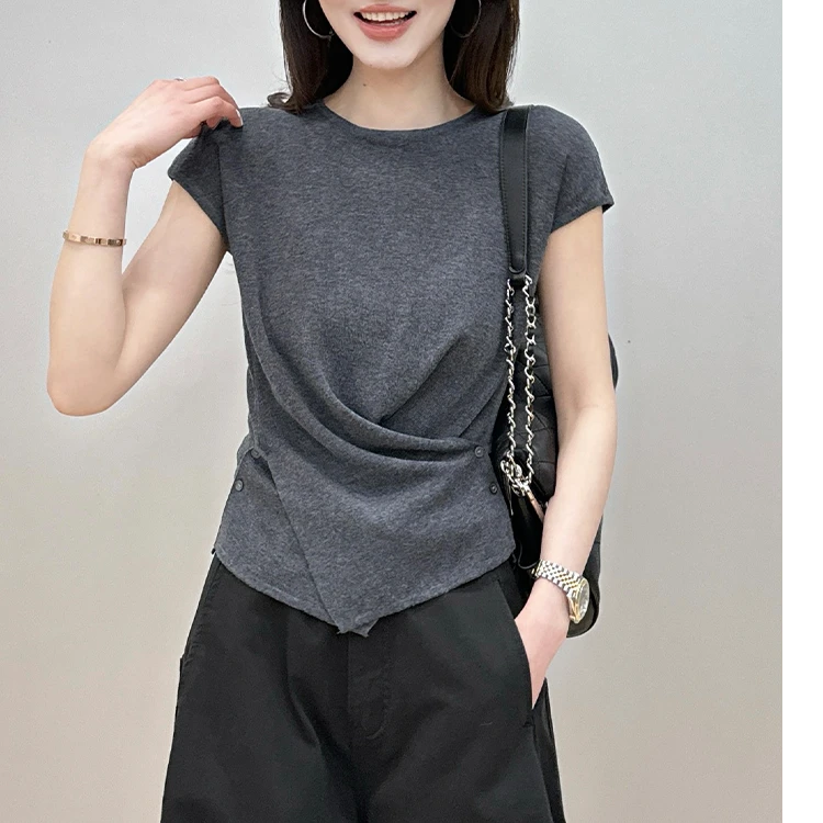 不规则圆领短袖冰丝针织衫女2025夏季新款时尚洋气设计感收腰上衣
