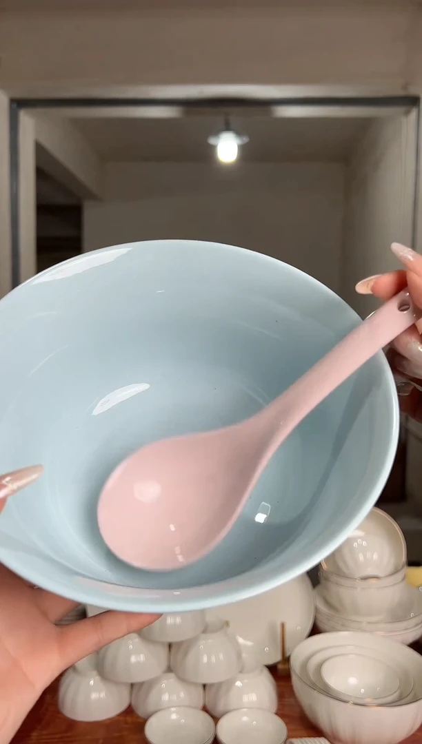 Wwh 8英寸蓝色露珠纹晶典汤碗含9寸二弯勺（粉色）