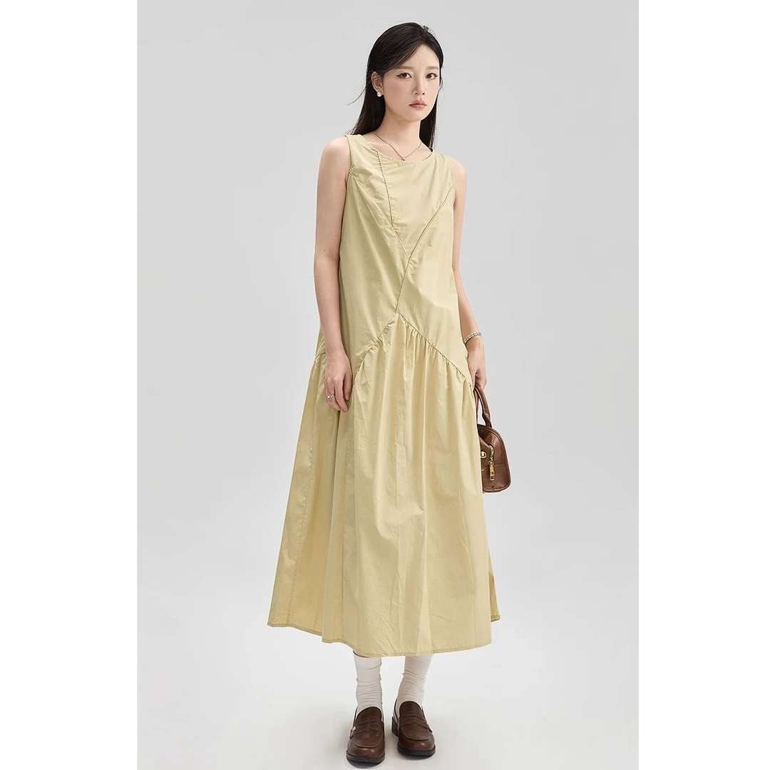 GUIER/桂儿黄色无袖背心连衣裙女春法式收腰显瘦气质a字长裙G5566