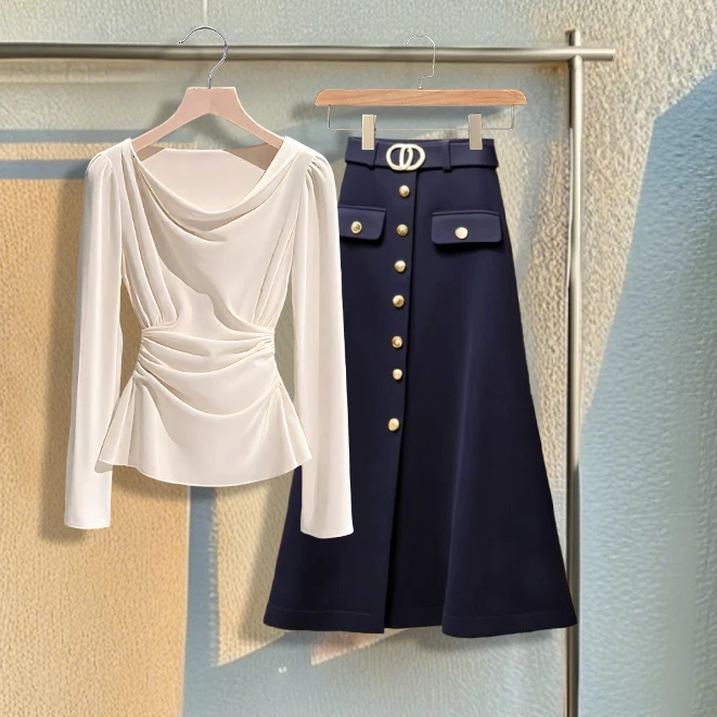 2025早秋季薄款轻熟风百搭掐腰褶皱荡领衬衫气质半身裙显瘦套装女