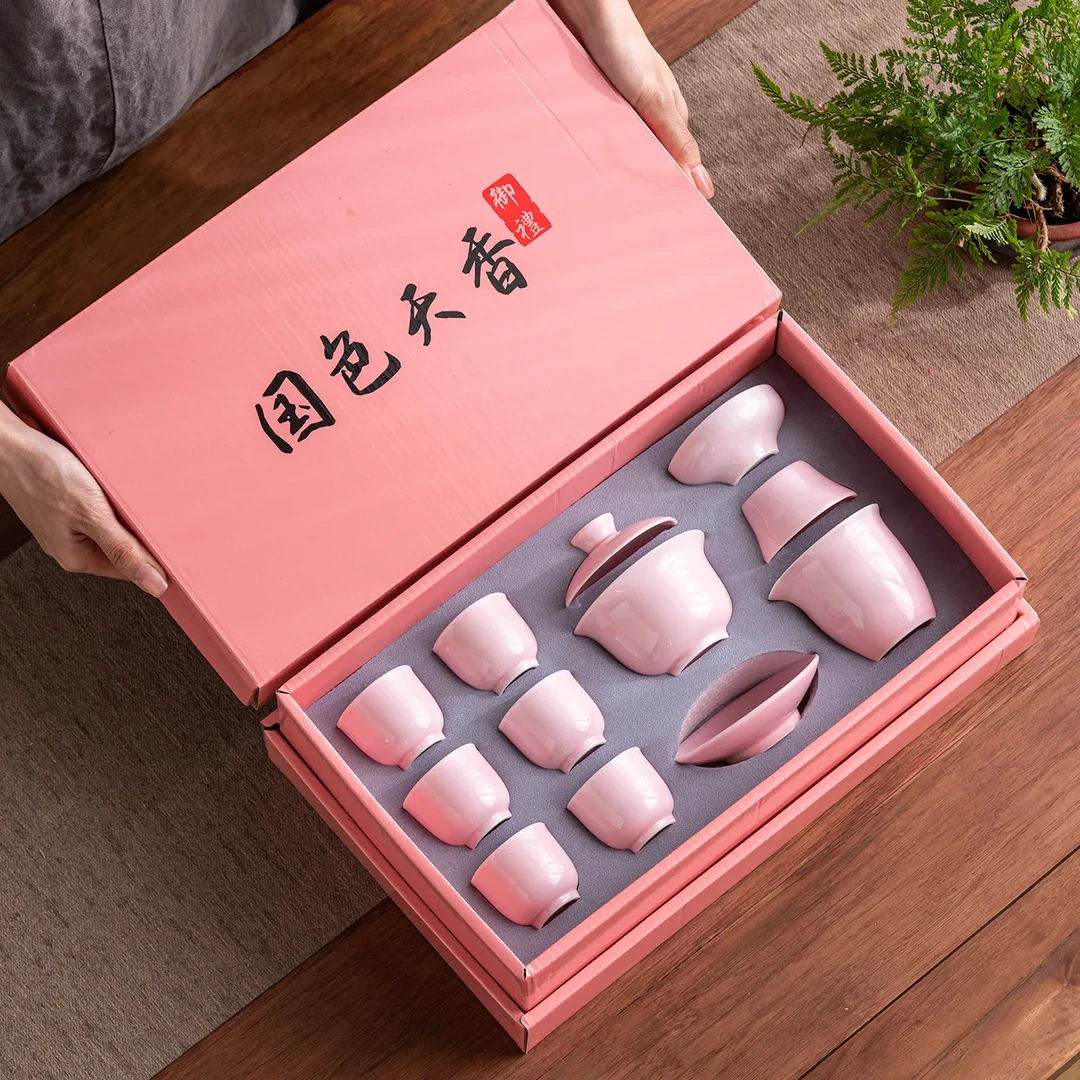 羊脂玉茶具套装陶瓷简约粉色功夫套组礼盒装高档家用茶具礼品一套