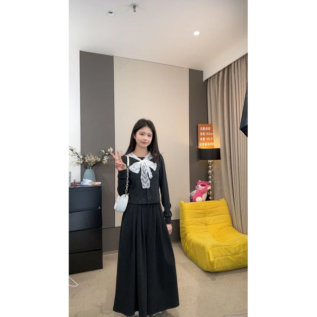2025早春款纱网披肩蝴蝶结上衣糯米针织A字版高腰裙子两件套