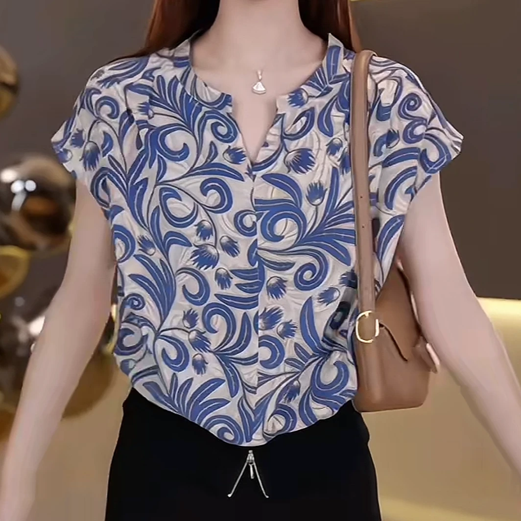 国风洋气碎花短袖衬衫女士2025年夏季新款复古高级感气质T恤上衣