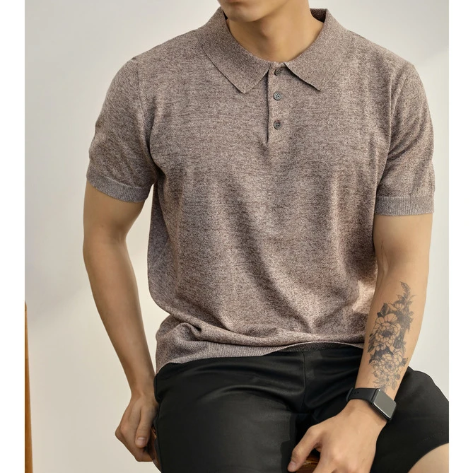 奥兰德保罗花驼色慵懒气质感修身Polo衫男士夏季针织透气短袖衫潮