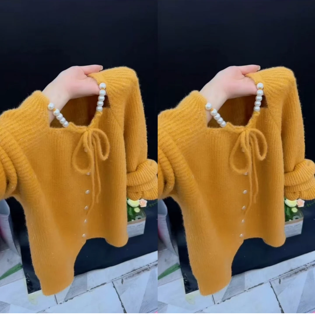 温柔风法式圆领镂空针织衫女2025秋冬大码显瘦甜美减龄软糯毛衣