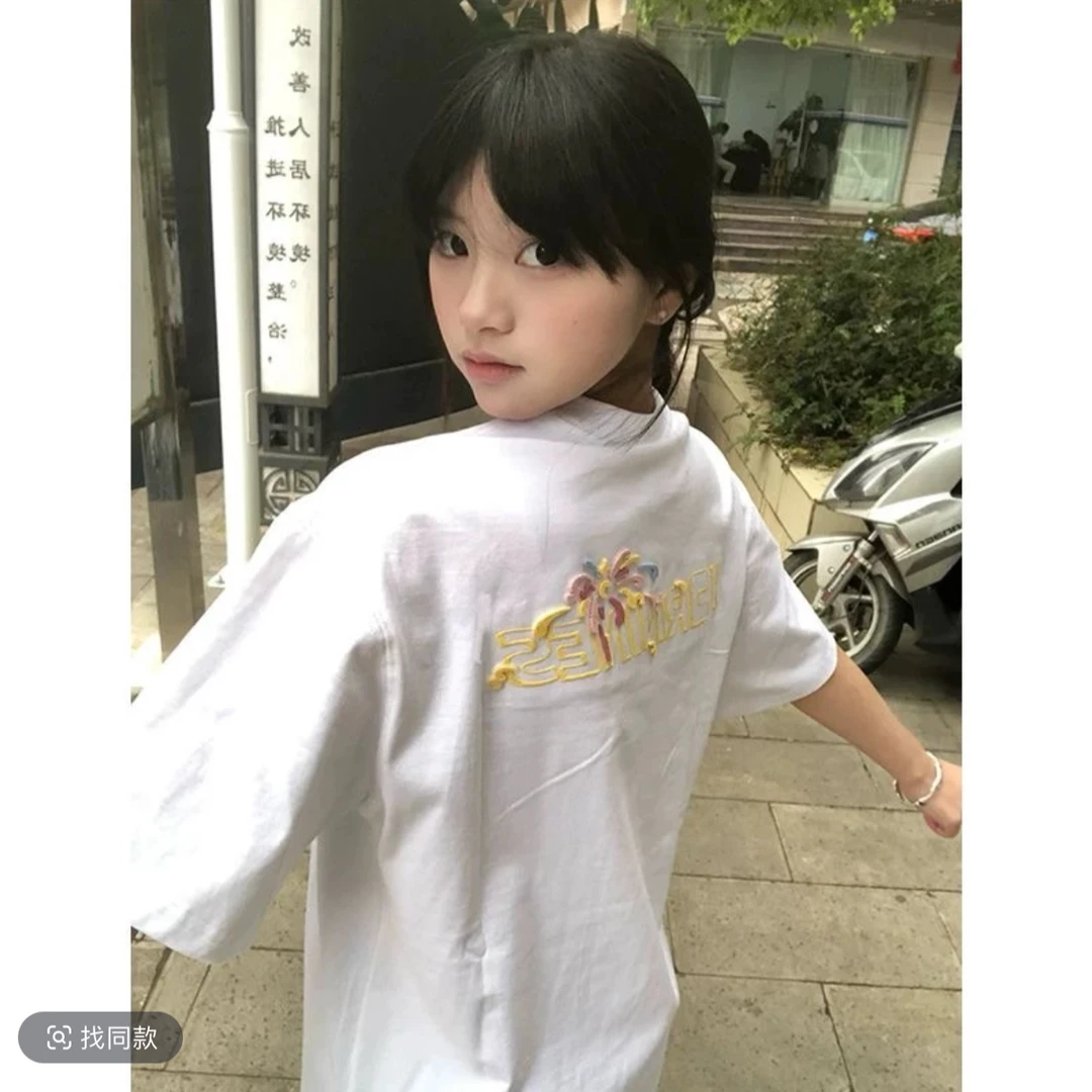 【刺绣】美式高街花卉刺绣正肩t恤女夏季短袖宽松纯棉设计感短袖女