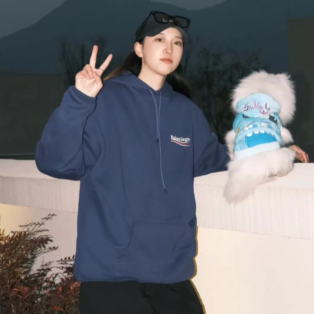 95新 Balenciaga/巴黎世家 深蓝色海浪印花连帽卫衣/L码/编号341