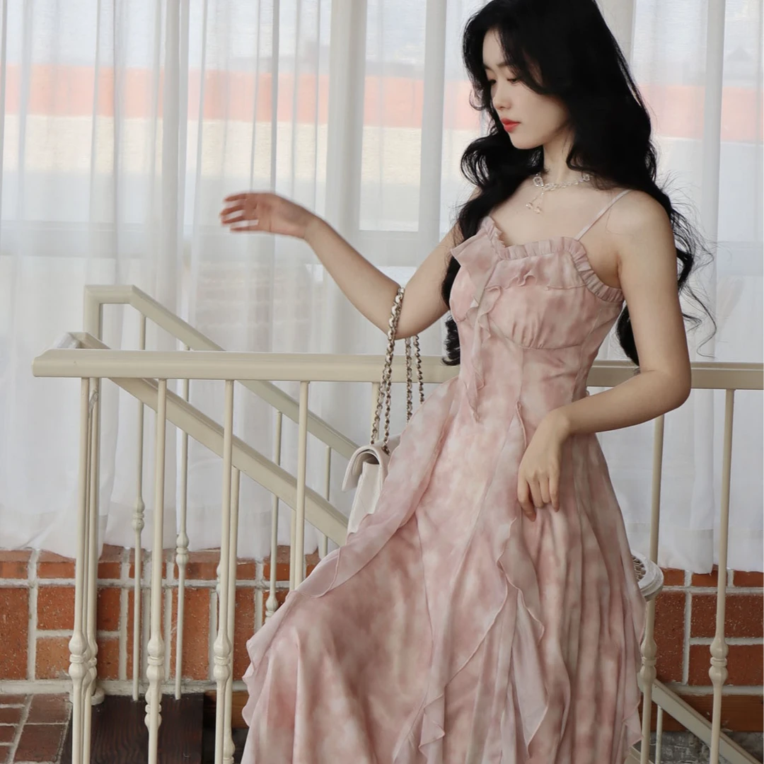 Blovelan艾里萝娅 甜美仙气吊带裙晕染高腰长款连衣裙女春季新款