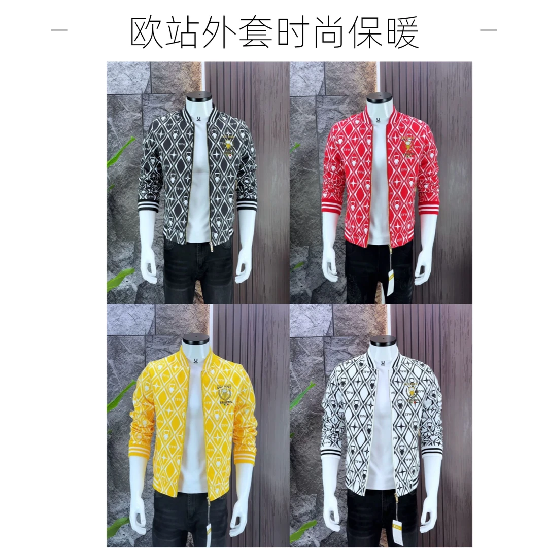 欧洲站新款时尚高端印花加绒夹克男士秋季冬季潮流棒球领保暖外套