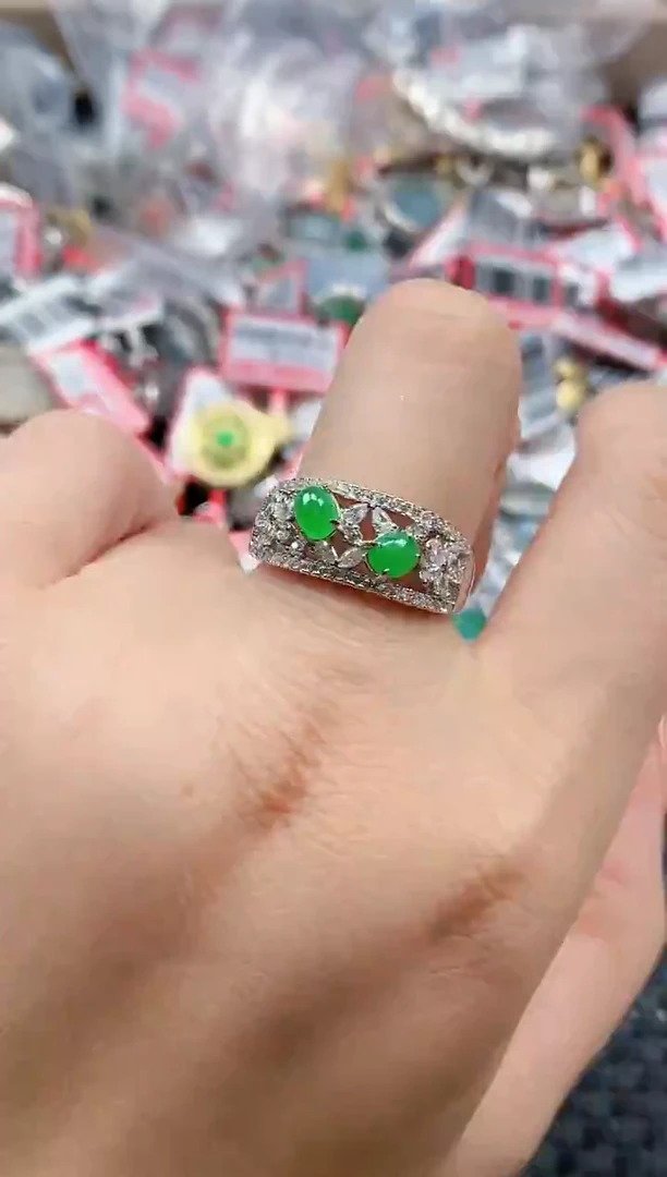 银S925镶嵌戒指翡翠天然A货缅甸翡翠