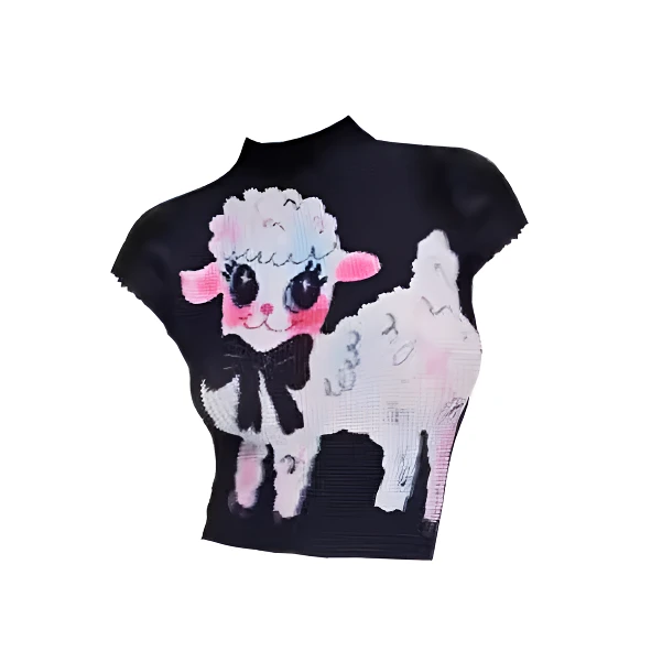 微胖大码mm纯欲风艺术家涂鸦可爱小羊褶皱衫