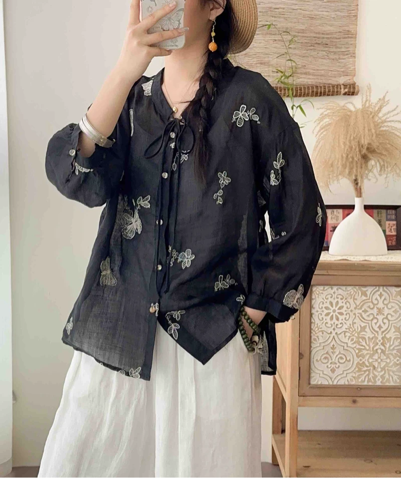 原创高端设计苎麻系带单领上衣2025年春夏季新款文艺复古休闲上衣
