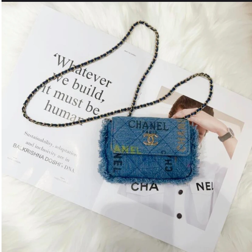 99新 Chanel/香奈儿 GGS22p涂鸦牛仔腰包mini蓝色金扣99335860