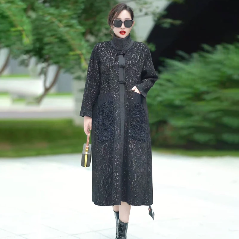 90170立领盘扣外套复古妈妈高档提花气质大码遮肉时尚宽松风衣秋