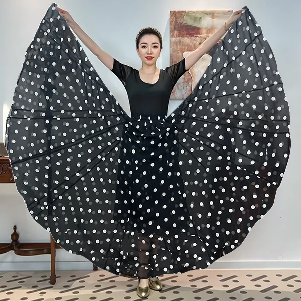 A《波点-黑底白波点》人丝雪纺满铺花时尚全松紧腰大摆半身裙带衬裙