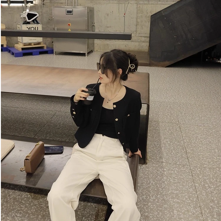 尔尔自制小个子 小个子天然棉高棉高腰直筒牛仔裤休闲裤