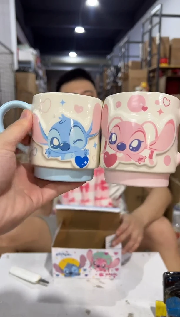 瓷片Q版原盒史迪仔安琪叠叠对杯