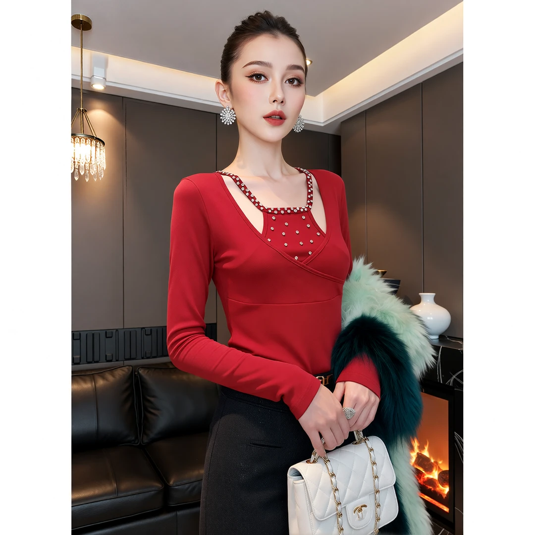 XS#方领别致钉珠镶钻长袖T恤秋季新款身显瘦设计感小衫DY12440H