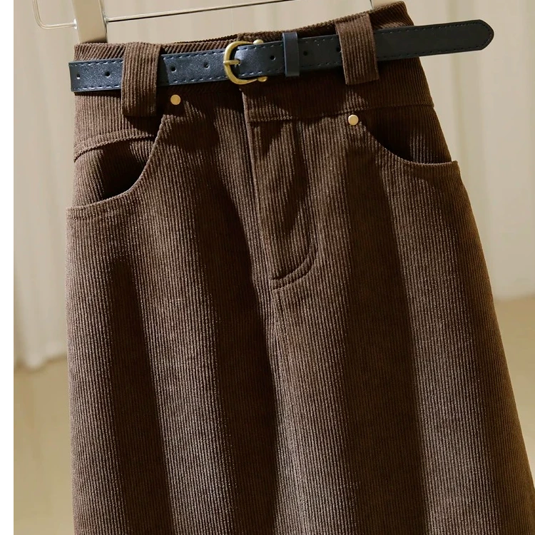 (61-120)灯芯绒中长款半身裙女高腰新款气质显瘦开叉a字包臀裙子