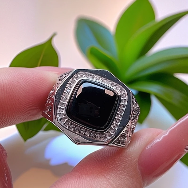 S925银镶嵌天然黑金刚黑玛瑙高端时尚方戒