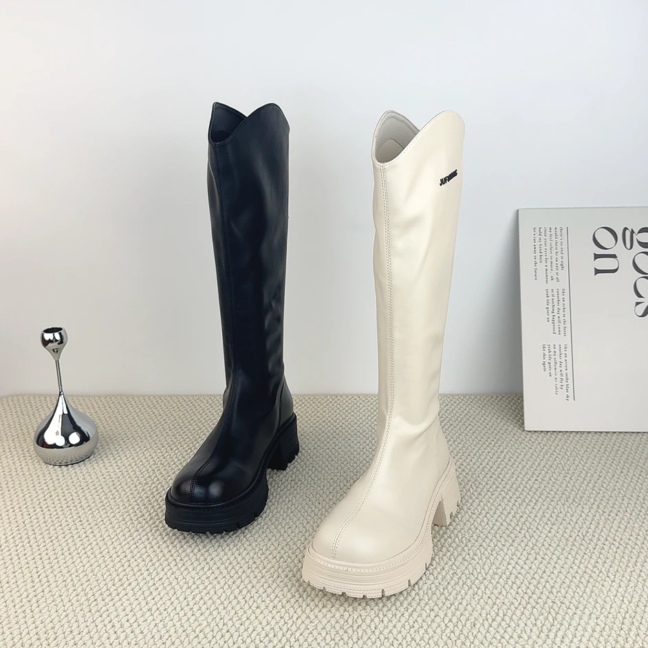 胖妹妹米色厚底长筒靴女2025秋冬加绒时尚小个子不过膝瘦瘦骑士靴