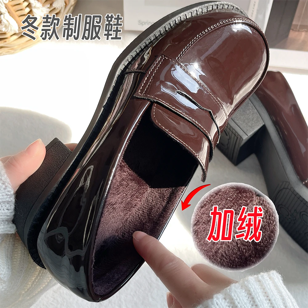 榛果小熊原创冬款JK制服学院鞋方头鞋中低跟加绒日系中口单鞋