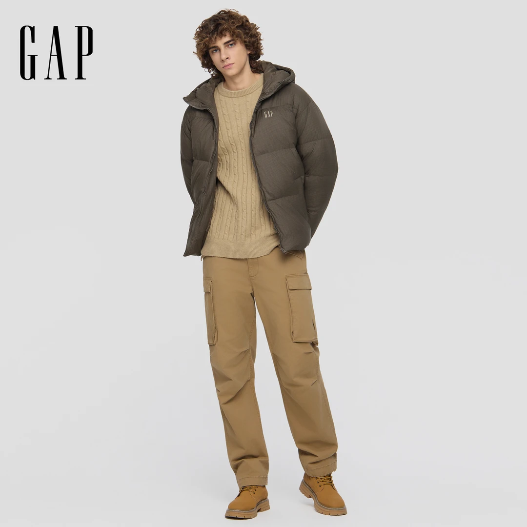 Gap男装2025秋季新款Logo胶印宽松绗缝连帽羽绒服羽绒外套791894