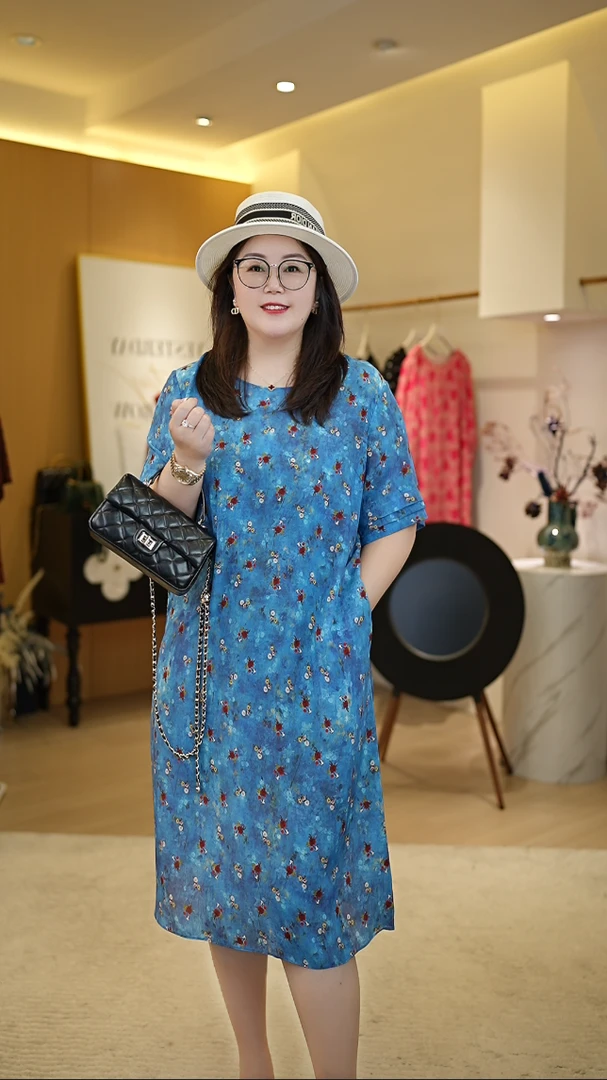 【深圳霞姐】100%桑蚕丝夏季新品大码定制女装圆领蓝色碎花连衣裙