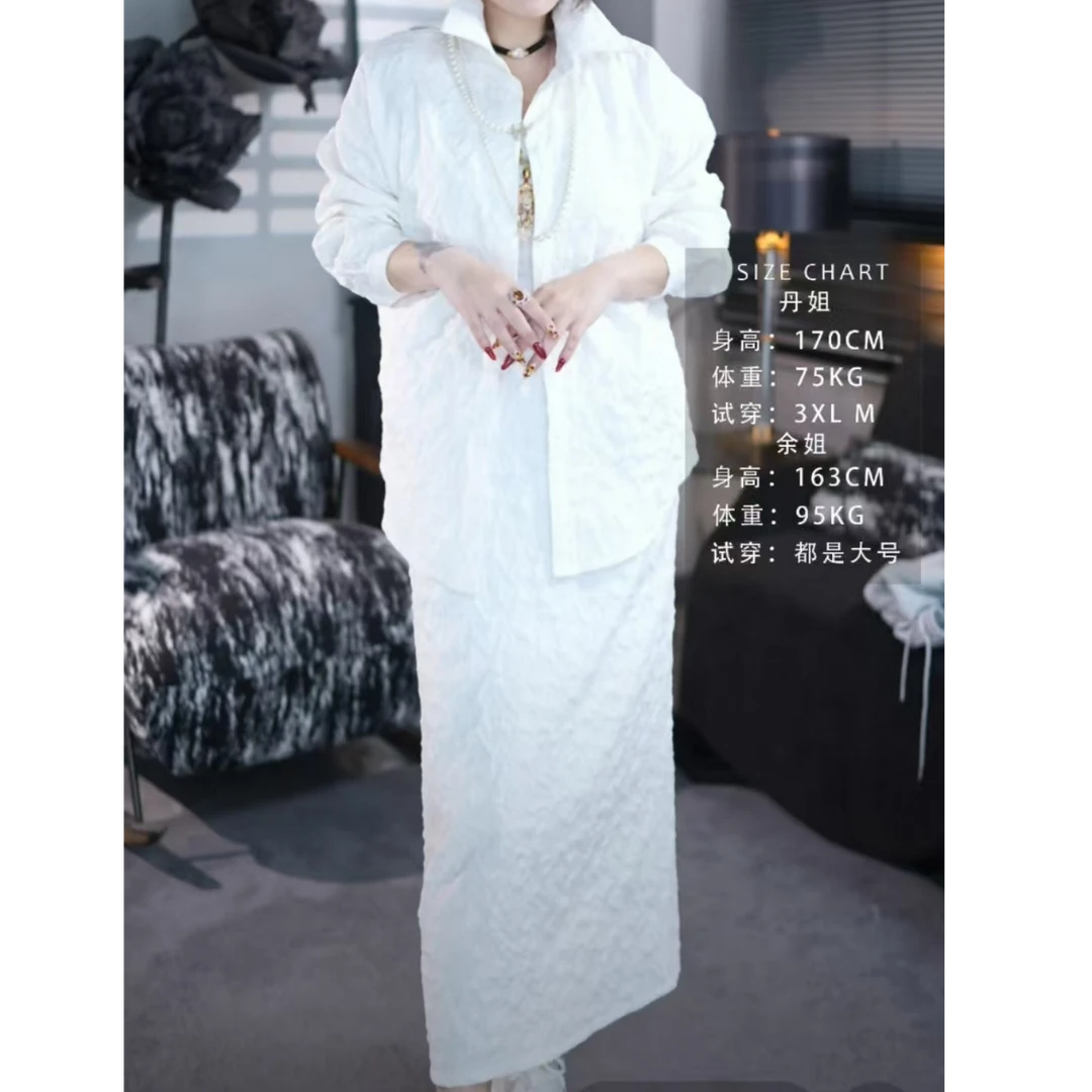 D9986复古设计褶皱印花衬衫+半身裙两件套套装